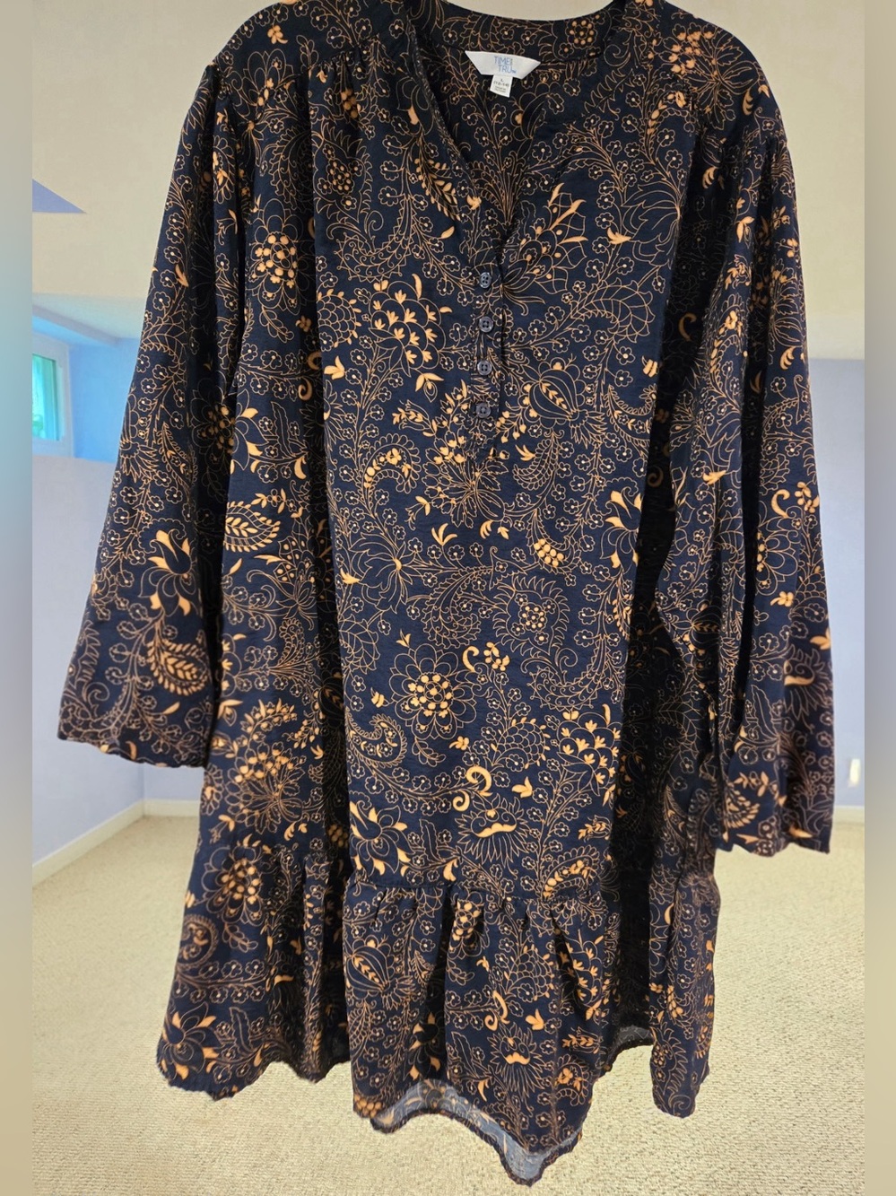 Time and Tru Navy Tunic Dress with Gold Floral Print